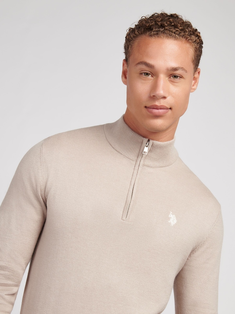 U.S. Polo Assn. Natural Mens Cotton Funnel Neck 1/4 Zip Knit Jumper - Image 1 of 7