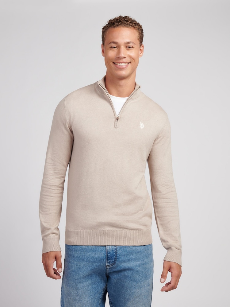 U.S. Polo Assn. Natural Mens Cotton Funnel Neck 1/4 Zip Knit Jumper - Image 2 of 7