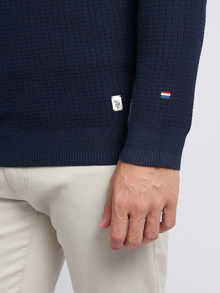 U.S. Polo Assn. Blue Mens Check Texture Knit Funnel Jumper - Image 2 of 7 U.S. Polo Assn. Blue Mens Check Texture Knit Funnel Jumper - Image 2 of 7