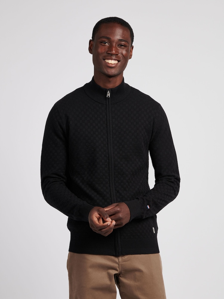 U.S. Polo Assn. Black Mens Smart Checkerboard Zip Through Funnel Cardigan - Image 1 of 8 U.S. Polo Assn. Black Mens Smart Checkerboard Zip Through Funnel Cardigan - Image 1 of 8