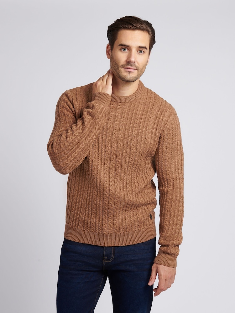 U.S. Polo Assn. Brown Tan Mens Aran Knit Crew Jumper - Image 1 of 7 U.S. Polo Assn. Brown Tan Mens Aran Knit Crew Jumper - Image 1 of 7