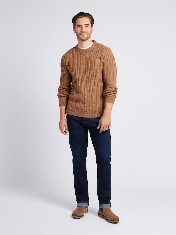 U.S. Polo Assn. Brown Tan Mens Aran Knit Crew Jumper - Image 2 of 7 U.S. Polo Assn. Brown Tan Mens Aran Knit Crew Jumper - Image 2 of 7