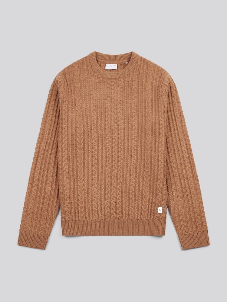 U.S. Polo Assn. Brown Tan Mens Aran Knit Crew Jumper - Image 7 of 7