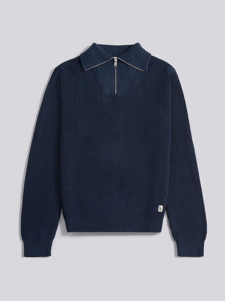 U.S. Polo Assn. Blue Mens Aran Mix Knit Funnel Jumper - Image 1 of 3 U.S. Polo Assn. Blue Mens Aran Mix Knit Funnel Jumper - Image 1 of 3