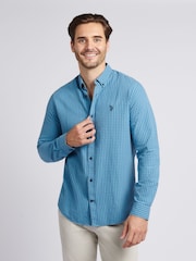 U.S. Polo Assn. Blue Mens Herringbone Weave Peached Gingham Shirt - Image 1 of 8