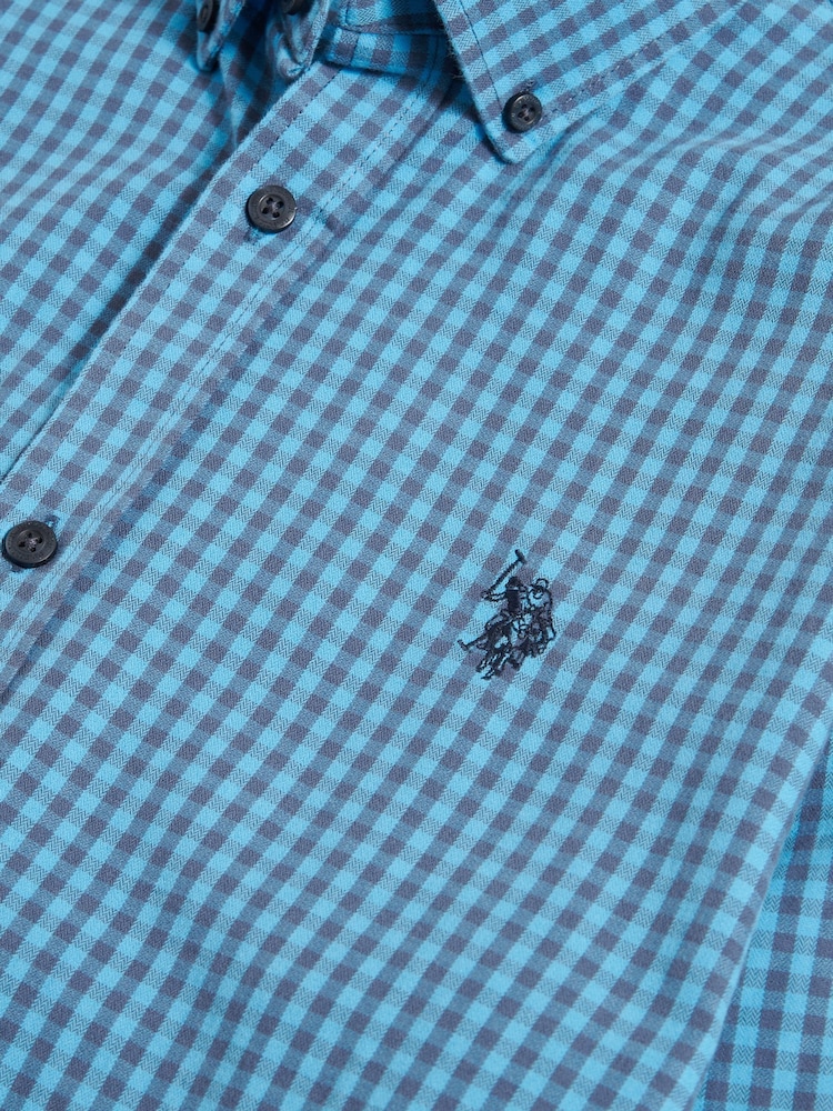 U.S. Polo Assn. Blue Mens Herringbone Weave Peached Gingham Shirt - Image 8 of 8