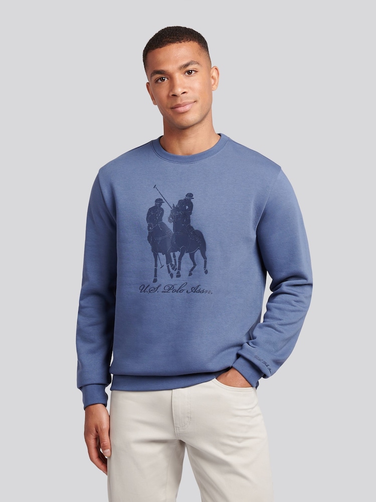 U.S. Polo Assn. Blue Mens Tonal Double Horsemen Print Crew Sweatshirt - Image 1 of 10 U.S. Polo Assn. Blue Mens Tonal Double Horsemen Print Crew Sweatshirt - Image 1 of 10