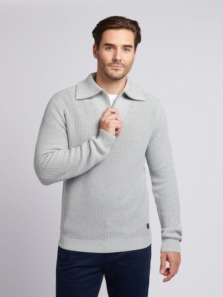 U.S. Polo Assn. Grey Mens Aran Mix Knit Funnel Jumper - Image 1 of 7