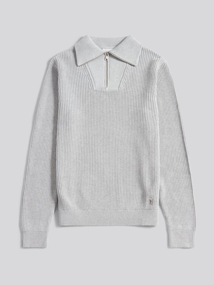 U.S. Polo Assn. Grey Mens Aran Mix Knit Funnel Jumper - Image 7 of 7