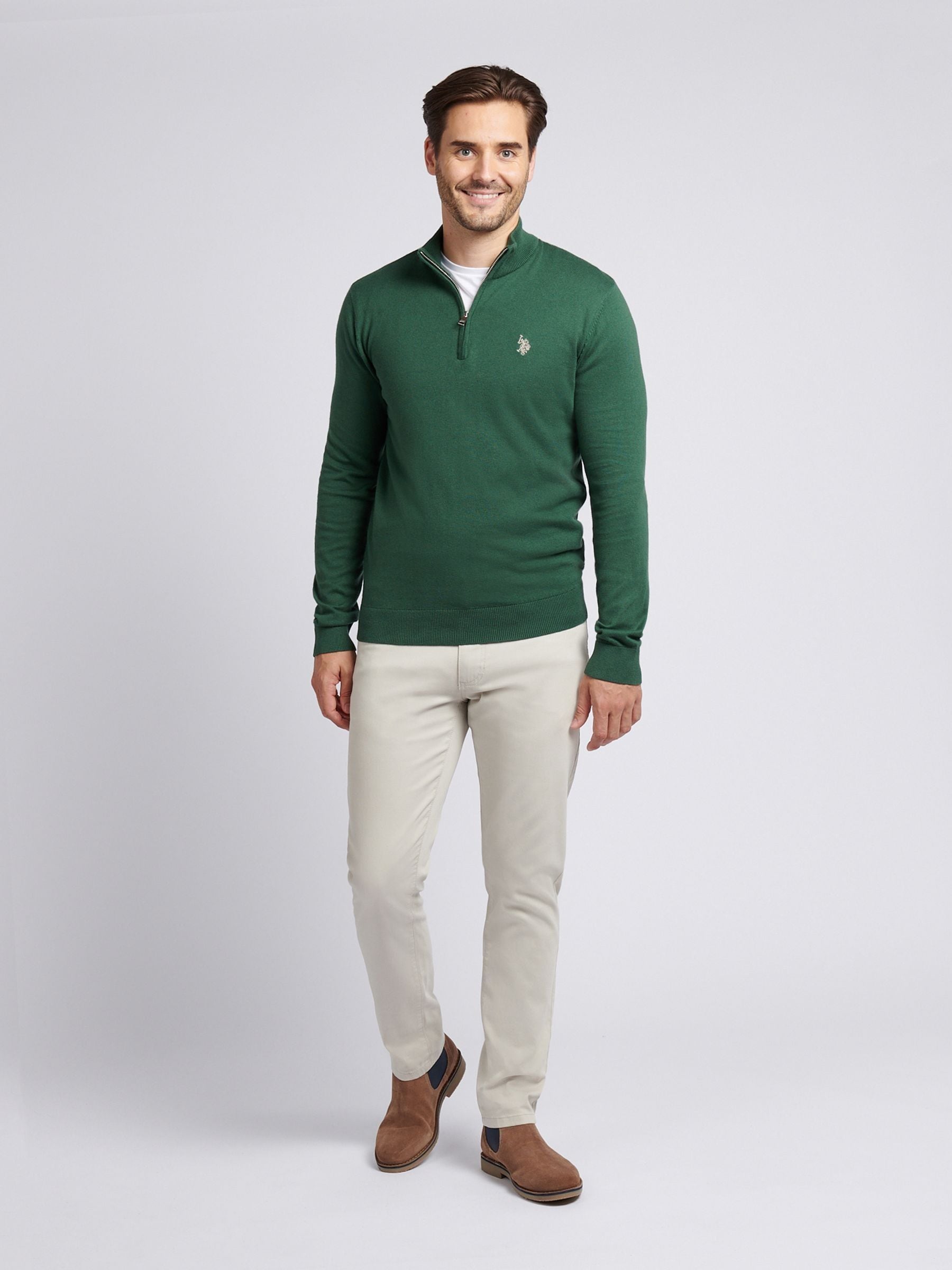 Buy U.S. Polo Assn. Dark Green Cotton Funnel Neck Quarter Zip Knit
