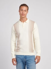 U.S. Polo Assn. White Mens Vertical Stripe Knit Long Sleeve Polo Shirt - Image 1 of 7