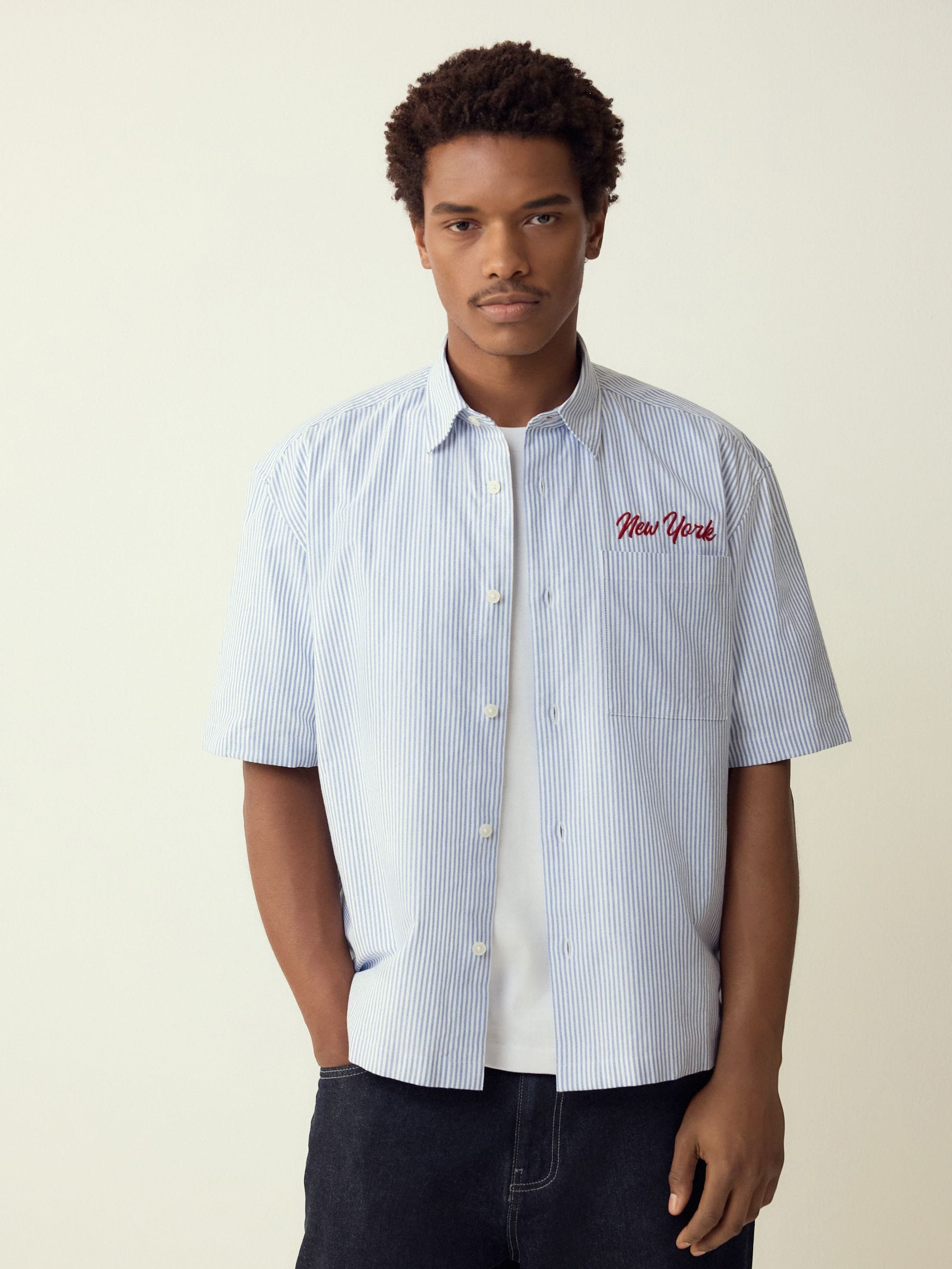 Buy Blue Stripe Embroidered New York Short Sleeve Shirt from Next USA