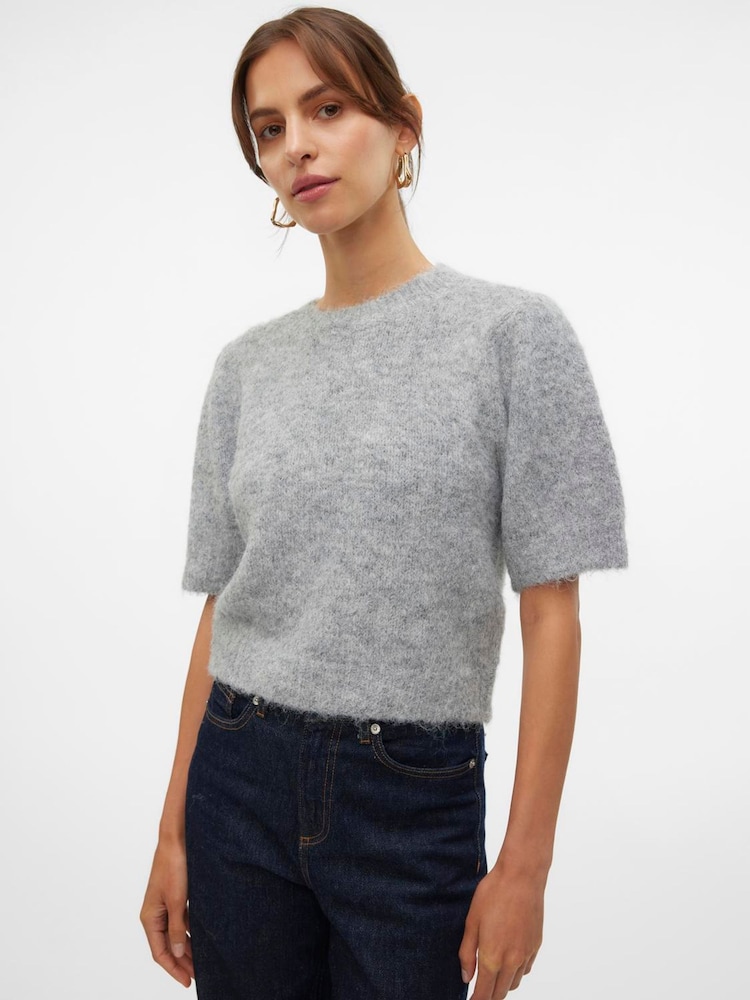 VERO MODA Grey Short Puff Sleeve Jumper - Image 1 of 5 VERO MODA Grey Short Puff Sleeve Jumper - Image 1 of 5
