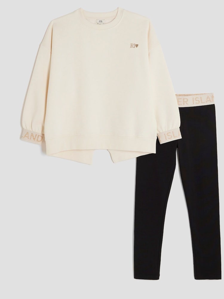 River Island Cream Girls Split Back Top and Leggings Set - Image 1 of 4 River Island Cream Girls Split Back Top and Leggings Set - Image 1 of 4