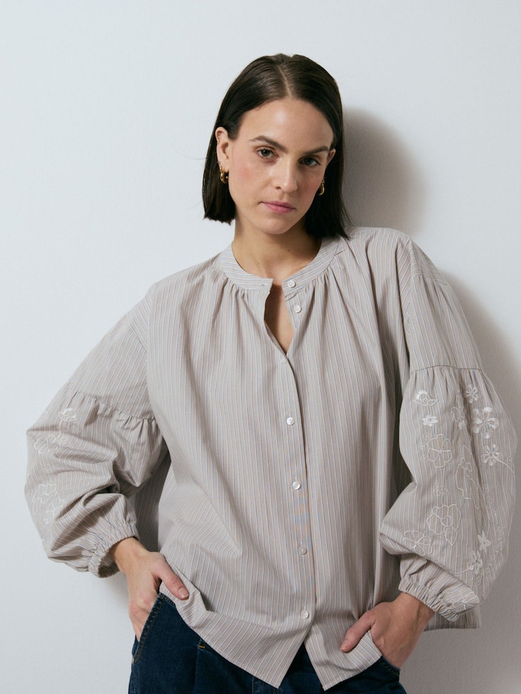 Smith & Soul Grey Striped & Embroidered Blouse - Image 1 of 7