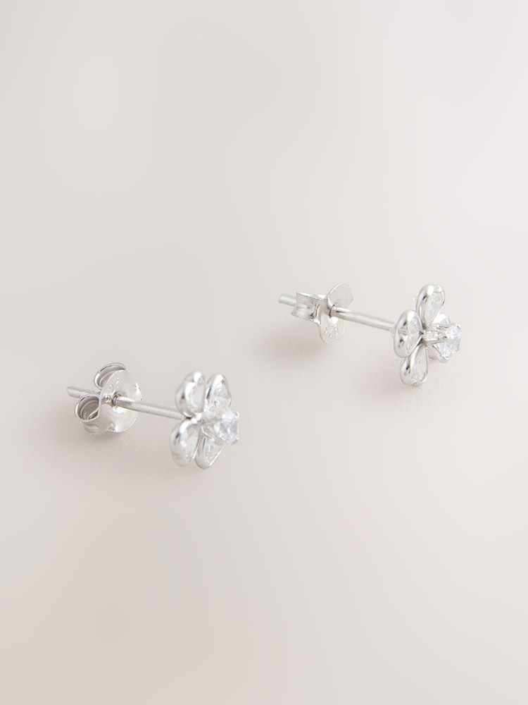 Sterling Silver Tone Sparkle Flower Stud Earrings - Image 1 of 3 Sterling Silver Tone Sparkle Flower Stud Earrings - Image 1 of 3