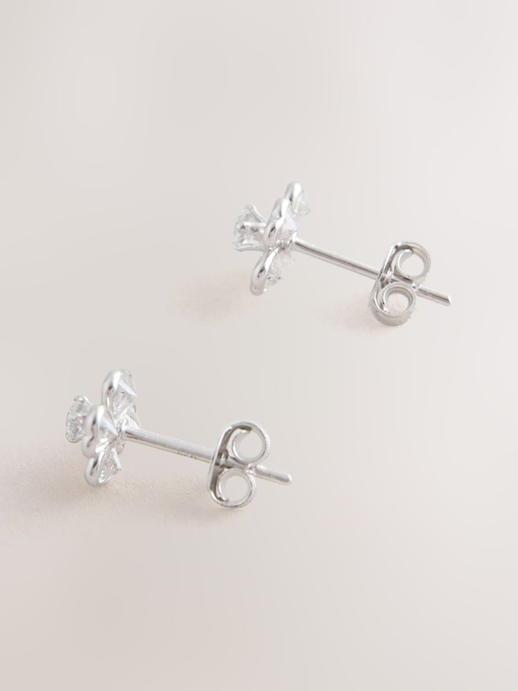 Sterling Silver Tone Sparkle Flower Stud Earrings - Image 2 of 3 Sterling Silver Tone Sparkle Flower Stud Earrings - Image 2 of 3