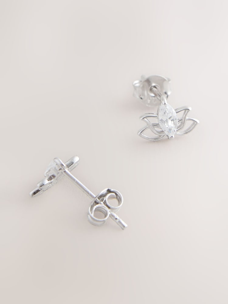 Sterling Silver Tone Sparkle Lotus Flower Stud Earrings - Image 2 of 3