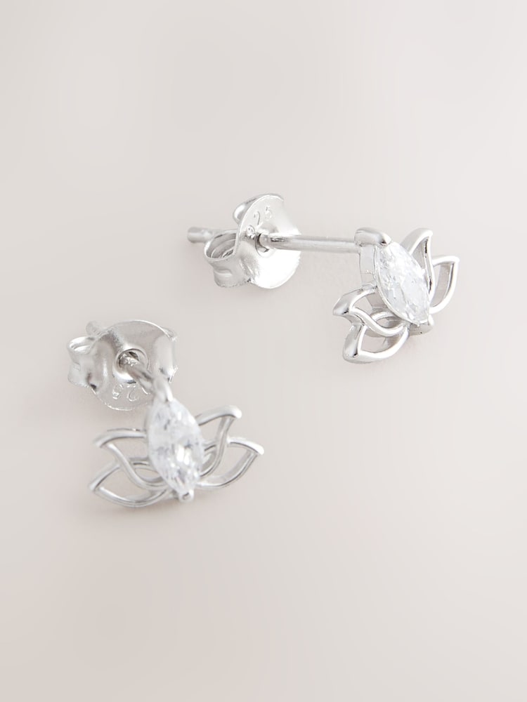 Sterling Silver Tone Sparkle Lotus Flower Stud Earrings - Image 3 of 3