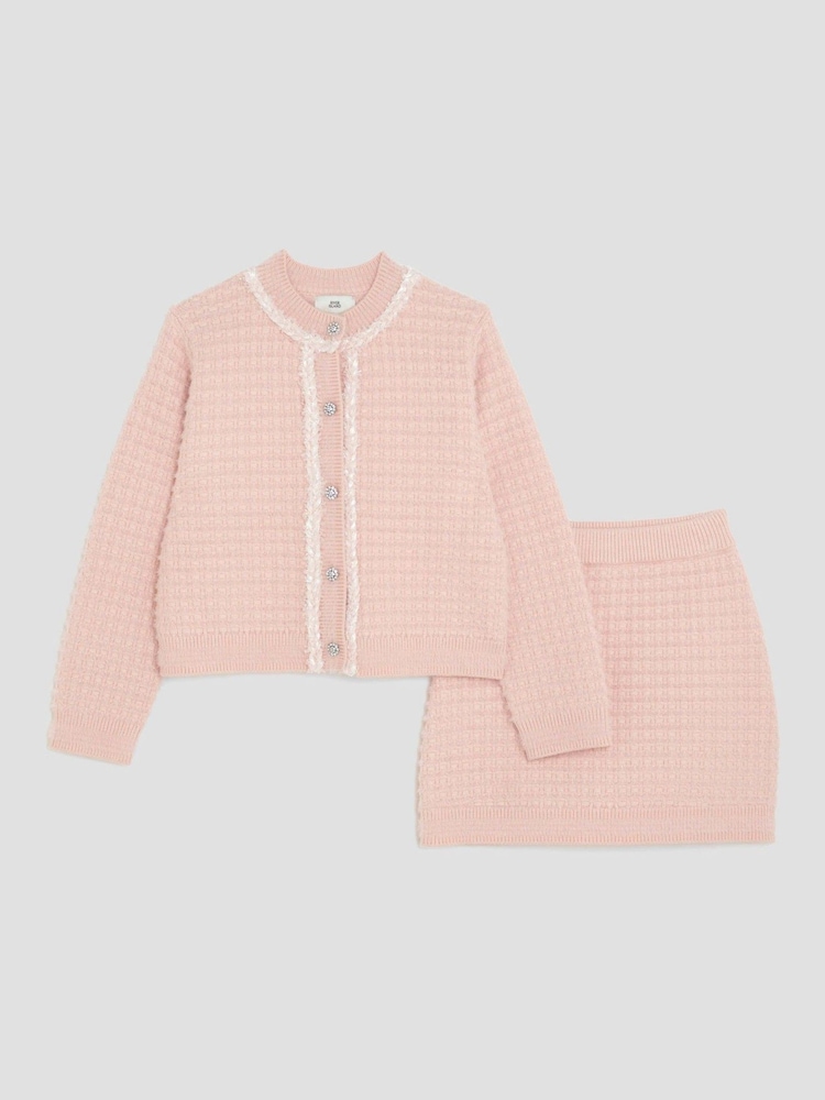 River Island Pink Girls Boucle Cardigan and Skirt Set - Image 2 of 5