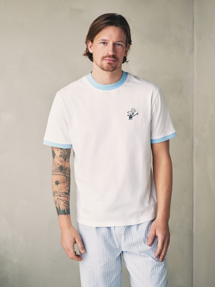 White/Blue Snoopy Breakfast Graphic Short Sleeve Pyjamas Set - Image 1 of 12 White/Blue Snoopy Breakfast Graphic Short Sleeve Pyjamas Set - Image 1 of 12