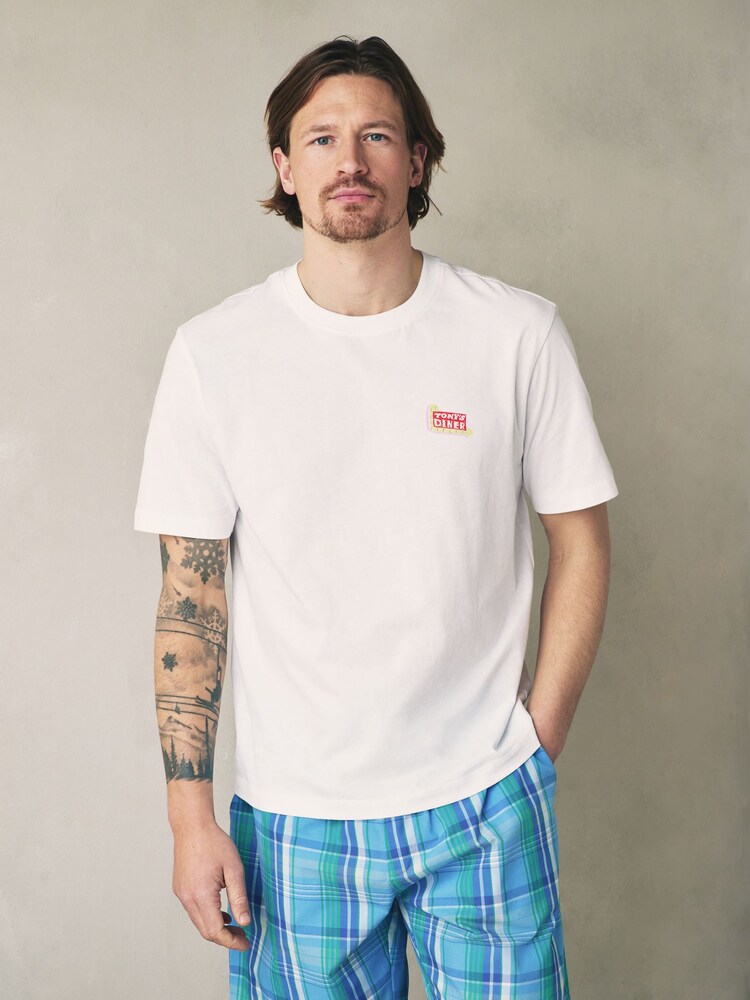 White/Blue Graphic Short Sleeve Woven Pyjamas Set - Image 2 of 10 White/Blue Graphic Short Sleeve Woven Pyjamas Set - Image 2 of 10