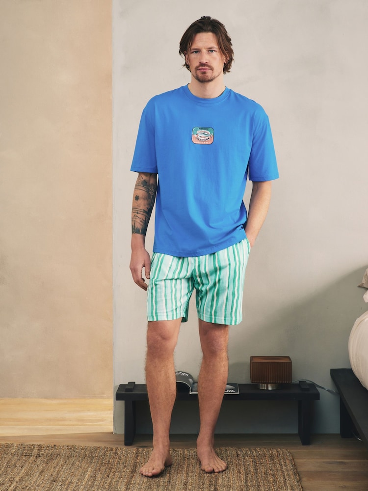 Blue/Green Graphic Short Sleeve Jersey Pyjamas Set - Image 1 of 13