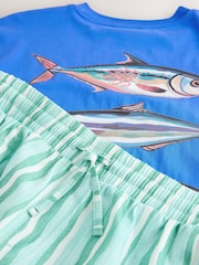 Blue/Green Graphic Short Sleeve Jersey Pyjamas Set - Image 12 of 13