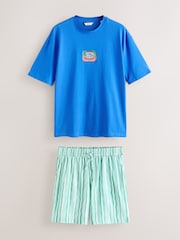Blue/Green Graphic Short Sleeve Jersey Pyjamas Set - Image 8 of 13