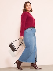 Friends Like These Mid Blue Curve Split Front Denim Midi Skirt - Image 2 of 4