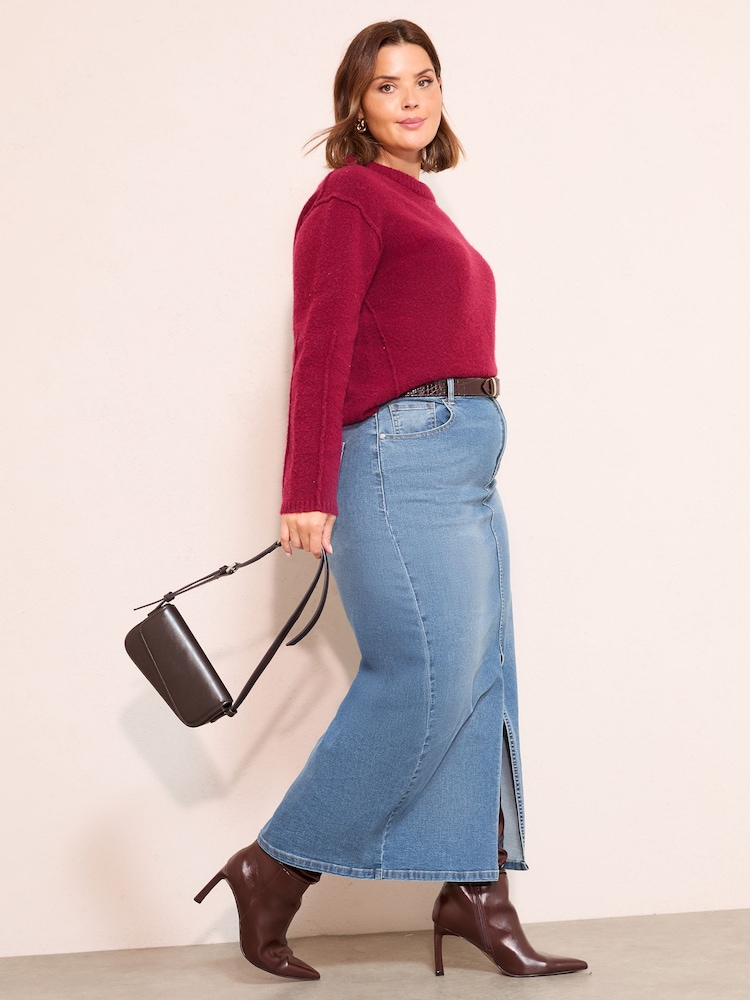 Friends Like These Mid Blue Curve Split Front Denim Midi Skirt - Image 2 of 4