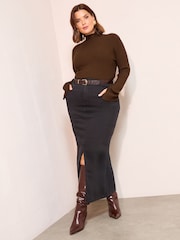 Friends Like These Black Curve Split Front Denim Midi Skirt - Image 1 of 4