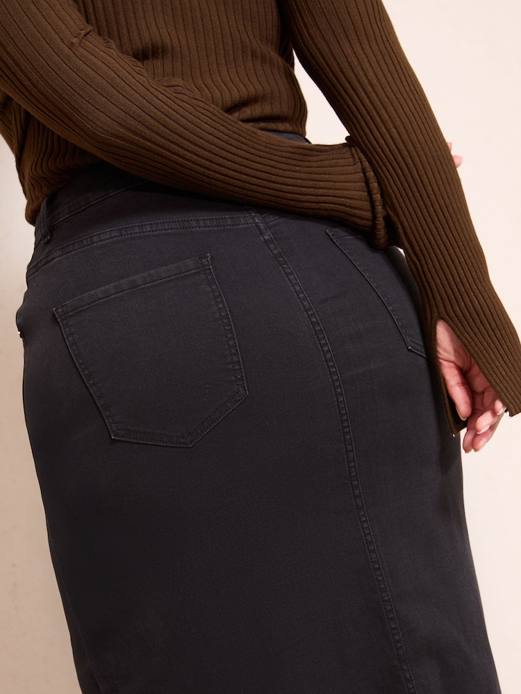 Friends Like These Black Curve Split Front Denim Midi Skirt - Image 2 of 4