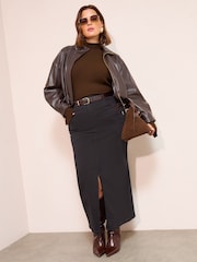 Friends Like These Black Curve Split Front Denim Midi Skirt - Image 3 of 4