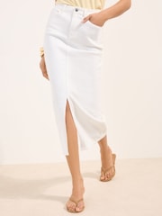 Friends Like These Ecru Petite Split Front Denim Midi Skirt - Image 3 of 4