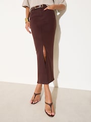 Friends Like These Chocolate Brown Split Front Denim Midi Skirt - Image 2 of 5