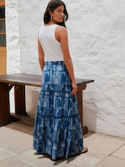 Blau/Ecru Bandana-Print - Maxi-Stufenrock aus Baumwolle - Bild 3 von 8