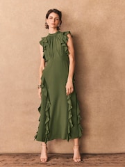 Mint Velvet Green High Neck Ruffle Maxi Dress - Image 1 of 8