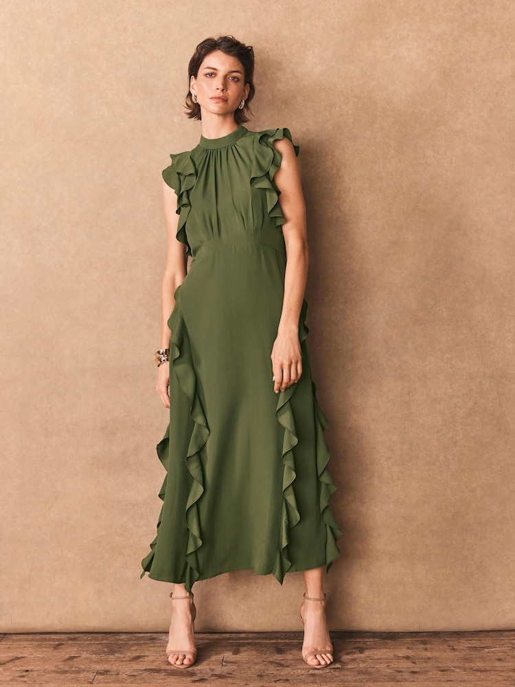Mint Velvet Green High Neck Ruffle Maxi Dress - Image 1 of 8