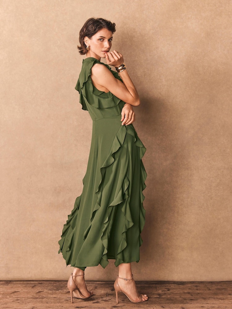 Mint Velvet Green High Neck Ruffle Maxi Dress - Image 2 of 8