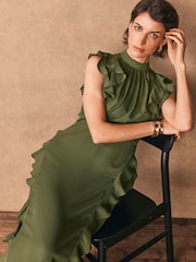 Mint Velvet Green High Neck Ruffle Maxi Dress - Image 3 of 8
