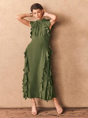 Mint Velvet Green High Neck Ruffle Maxi Dress - Image 4 of 8