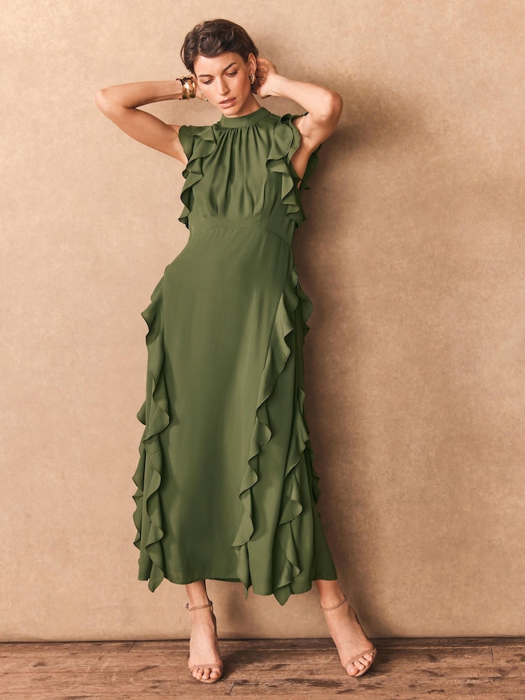 mint green ruffle dress Forest Green Lace Mesh Overlay Maternity Maxi Dress – PinkBlush