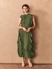Mint Velvet Green High Neck Ruffle Maxi Dress - Image 5 of 8