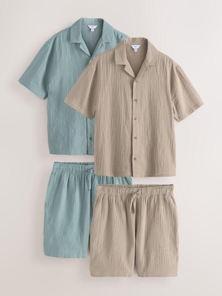 Green/Ecru Cheesecloth Short Sleeve Pyjamas Set 2 Pack - Image 1 of 12