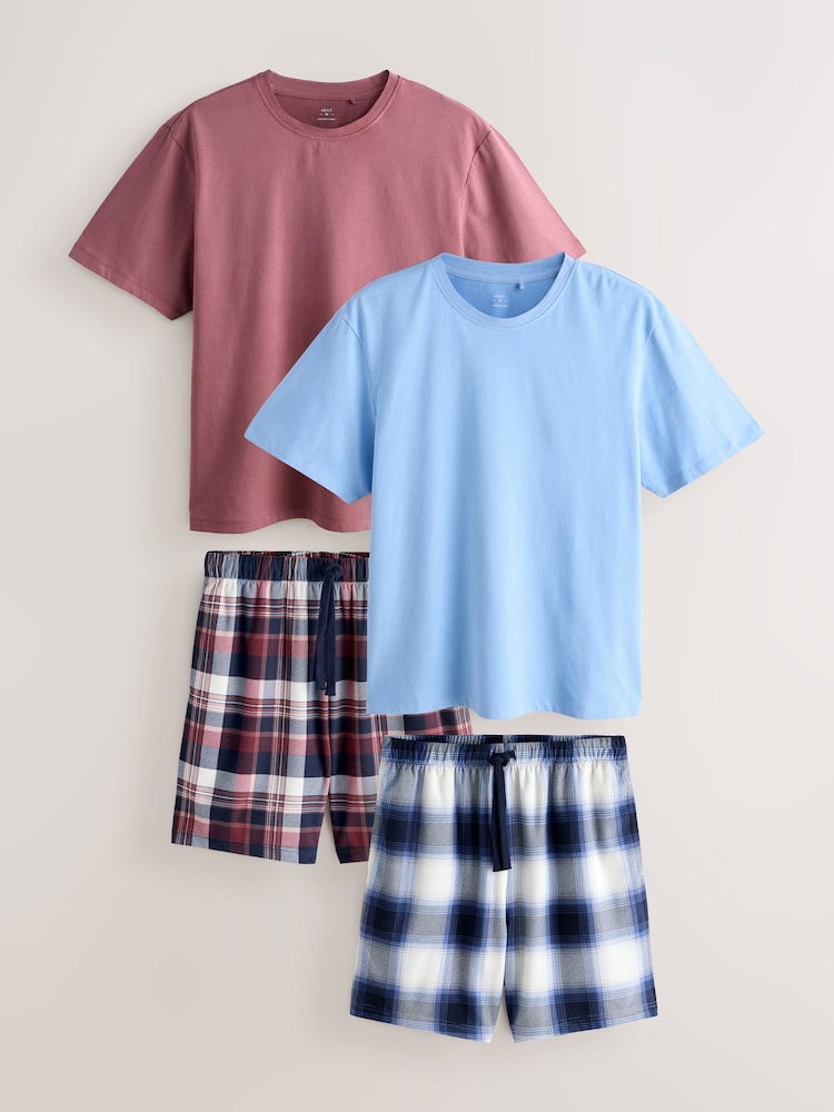 Blue/ Mauve Purple Cosy Short Sleeve Pyjamas Set 2 Pack - Image 1 of 14