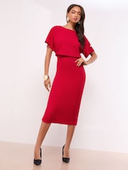Lipsy Red Short Sleeve Blouson Midi Dress - Image 1 of 4