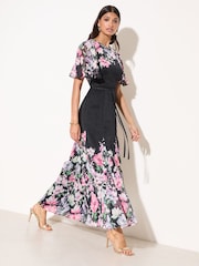 Friends Like These Black Floral Spot Chiffon Short Sleeve Midi Dress - Image 1 of 4