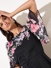 Friends Like These Black Floral Spot Chiffon Short Sleeve Midi Dress - Image 2 of 4