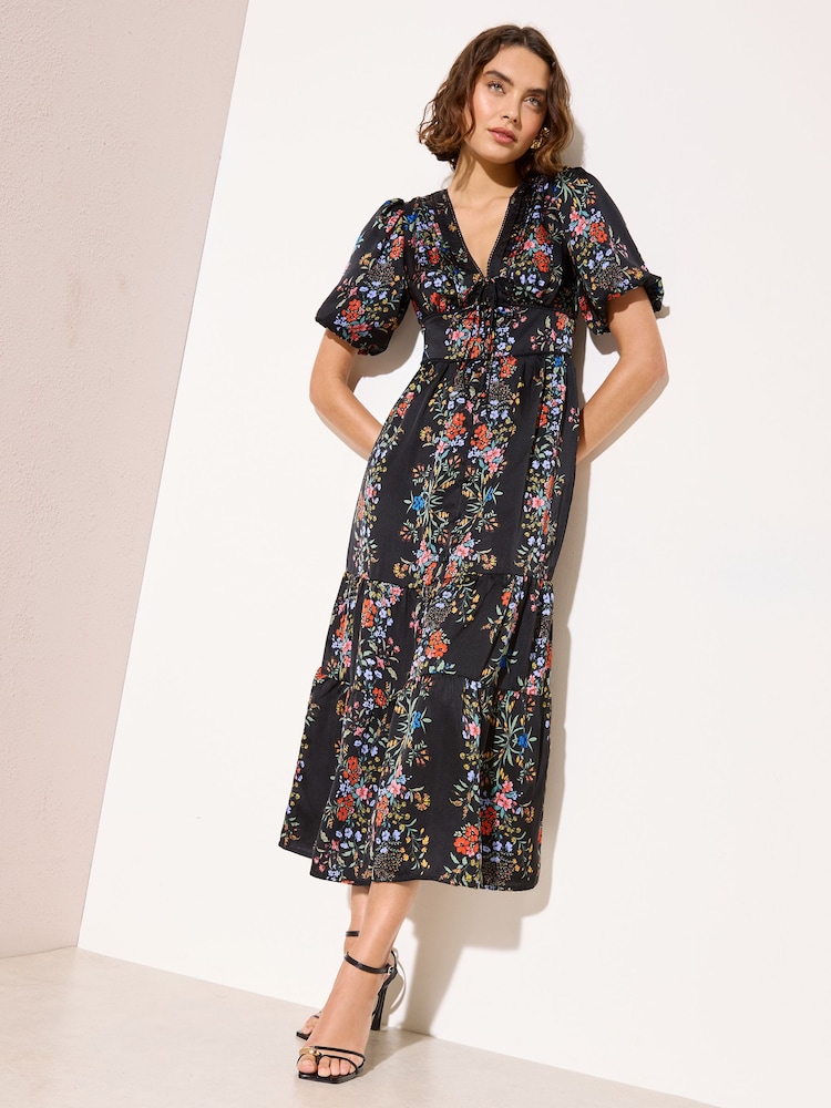 Friends Like These Black V-Neck Short Sleeve Tie Front Midi Dress - Image 1 of 5